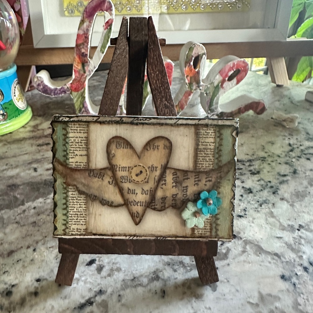 Vintage Handmade Miniature Heart Mixed Media Art Canvas with Easel By IvLuna NEW